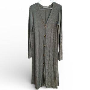 Long Ribbed Button-Front Knit Cardigan maxi